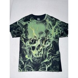Y2K Flame Skull Shirt AOP‎ Mens L Black Green Graphic T-Shirt Goth Jesse Pinkman